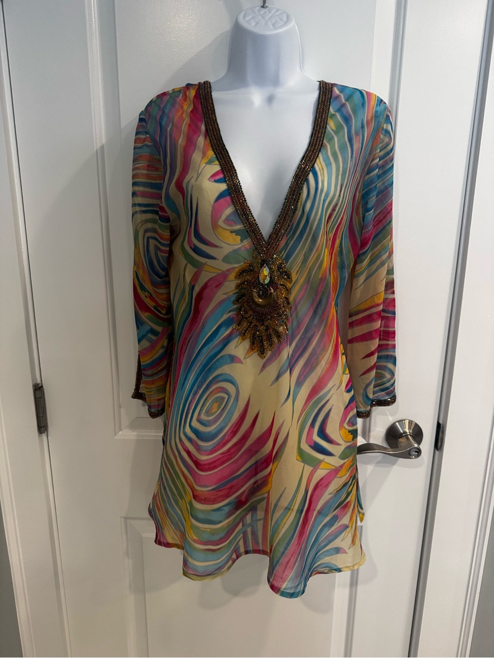 Embellished Multicolor V-Neck Swirl Print cover up  Tunic - Yellow Base - Picture 2 of 7